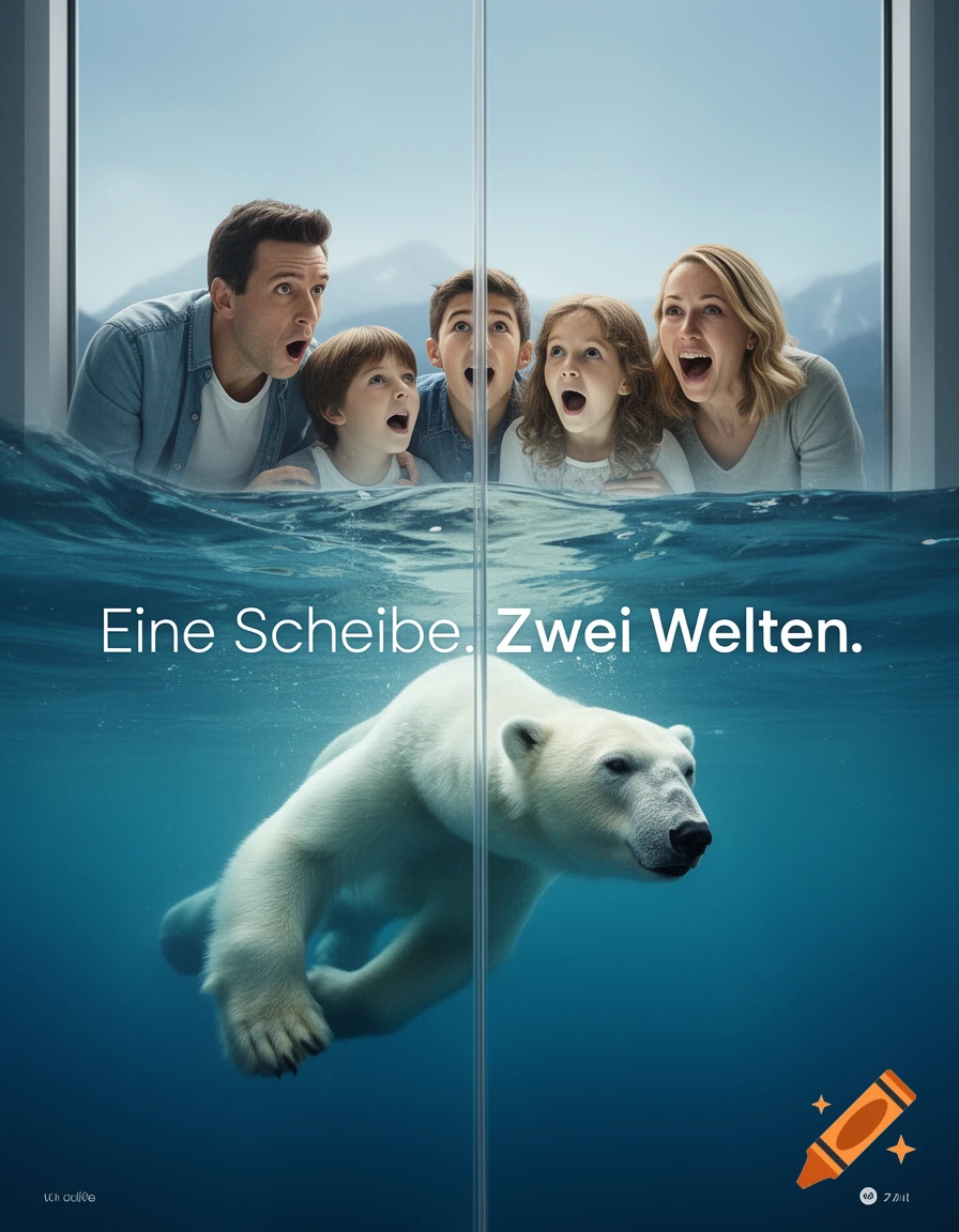 A family looks in awe through a glass pane at a polar bear swimming underwater, with text "Eine Scheibe. Zwei Welten."