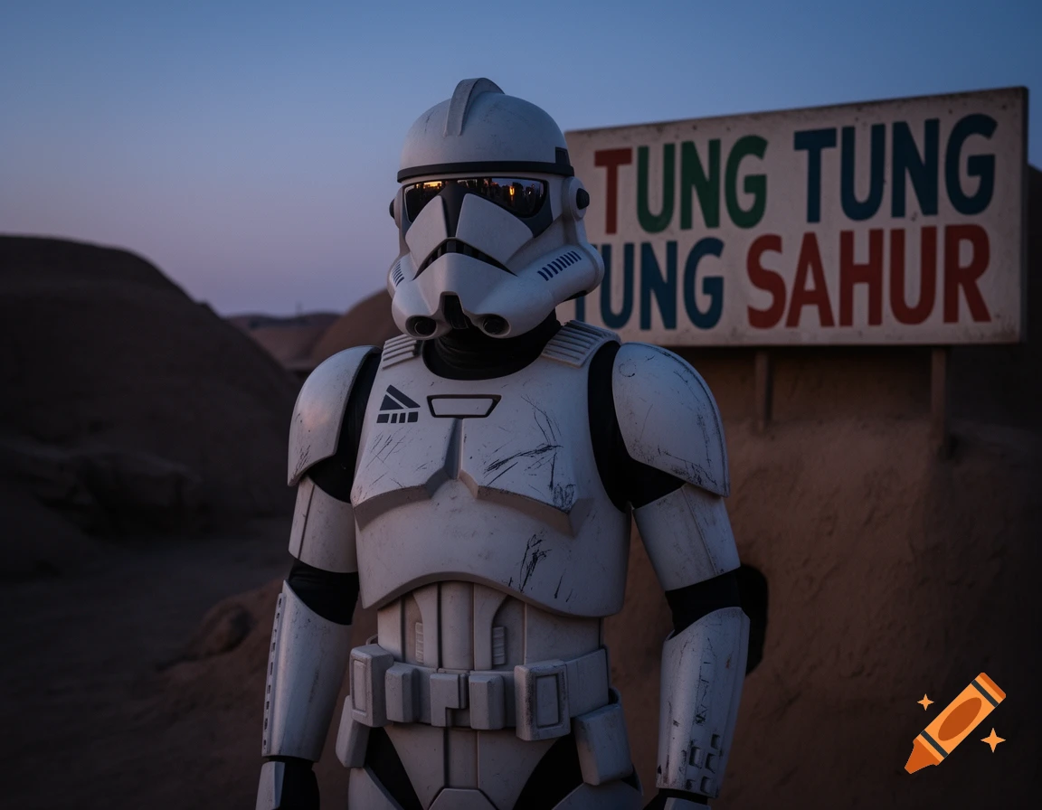 A stormtrooper stands in a desert landscape at dusk next to a sign that reads 'TUNG TUNG TUNG SAHUR'.