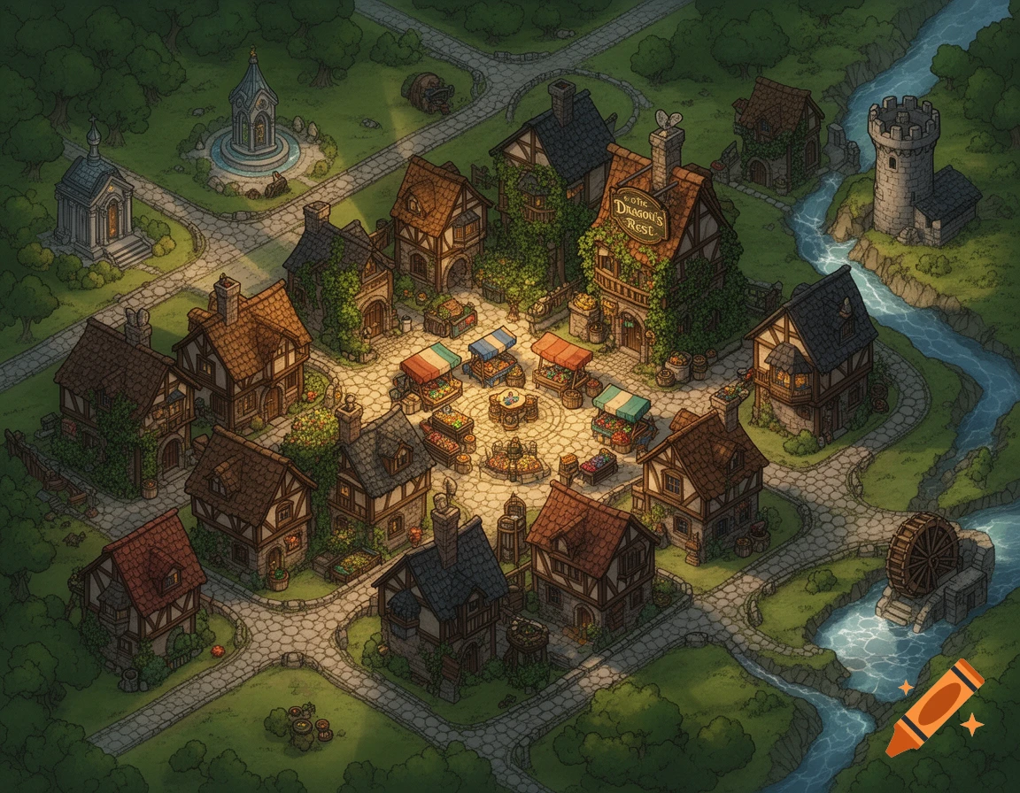 Isometric medieval fantasy village map with a central market, winding river, castle tower, water mill, and detailed houses.