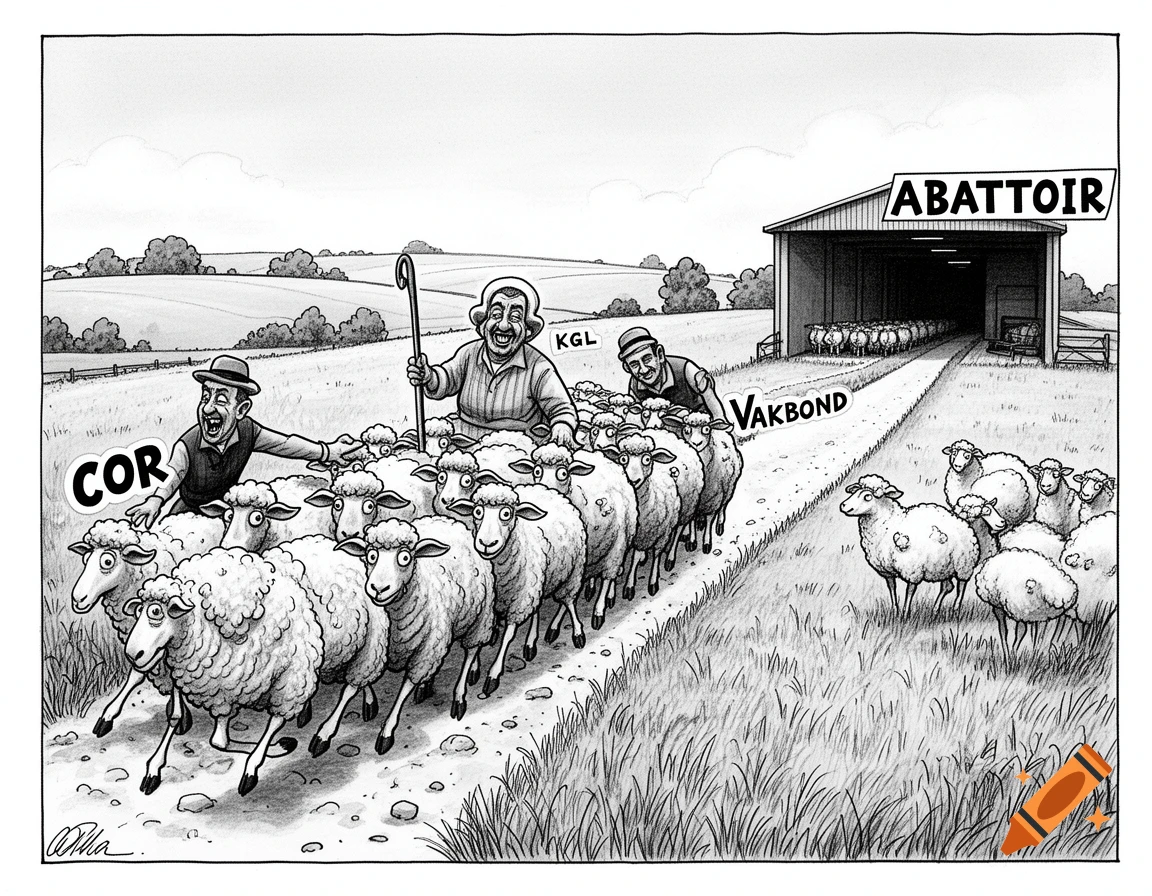 Black and white cartoon of men herding a line of sheep towards a building labeled 'ABATTOIR', with text 'COR', 'KGL', and 'Vakbond' on the characters.