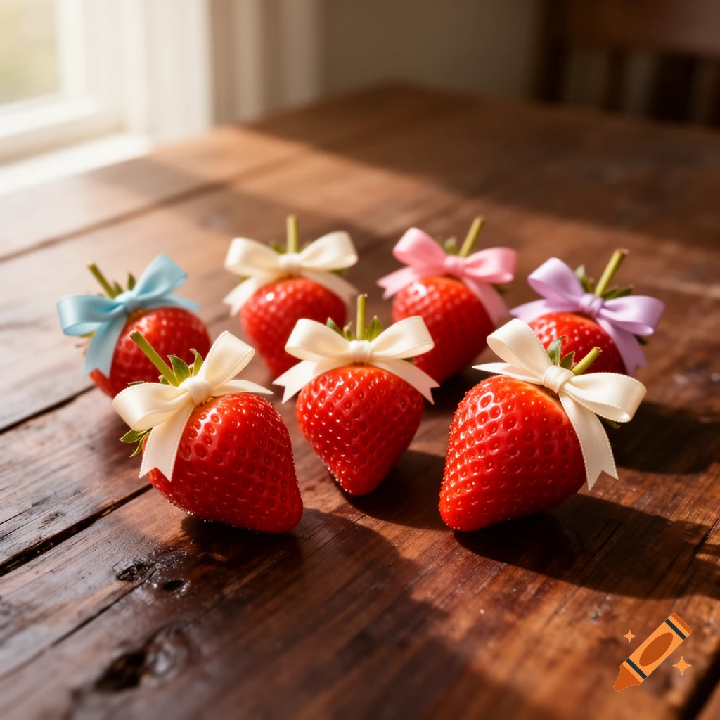Six ripe strawberries, each adorned with a colorful pastel ribbon bow, rest on a rustic wooden table bathed in sunlight.