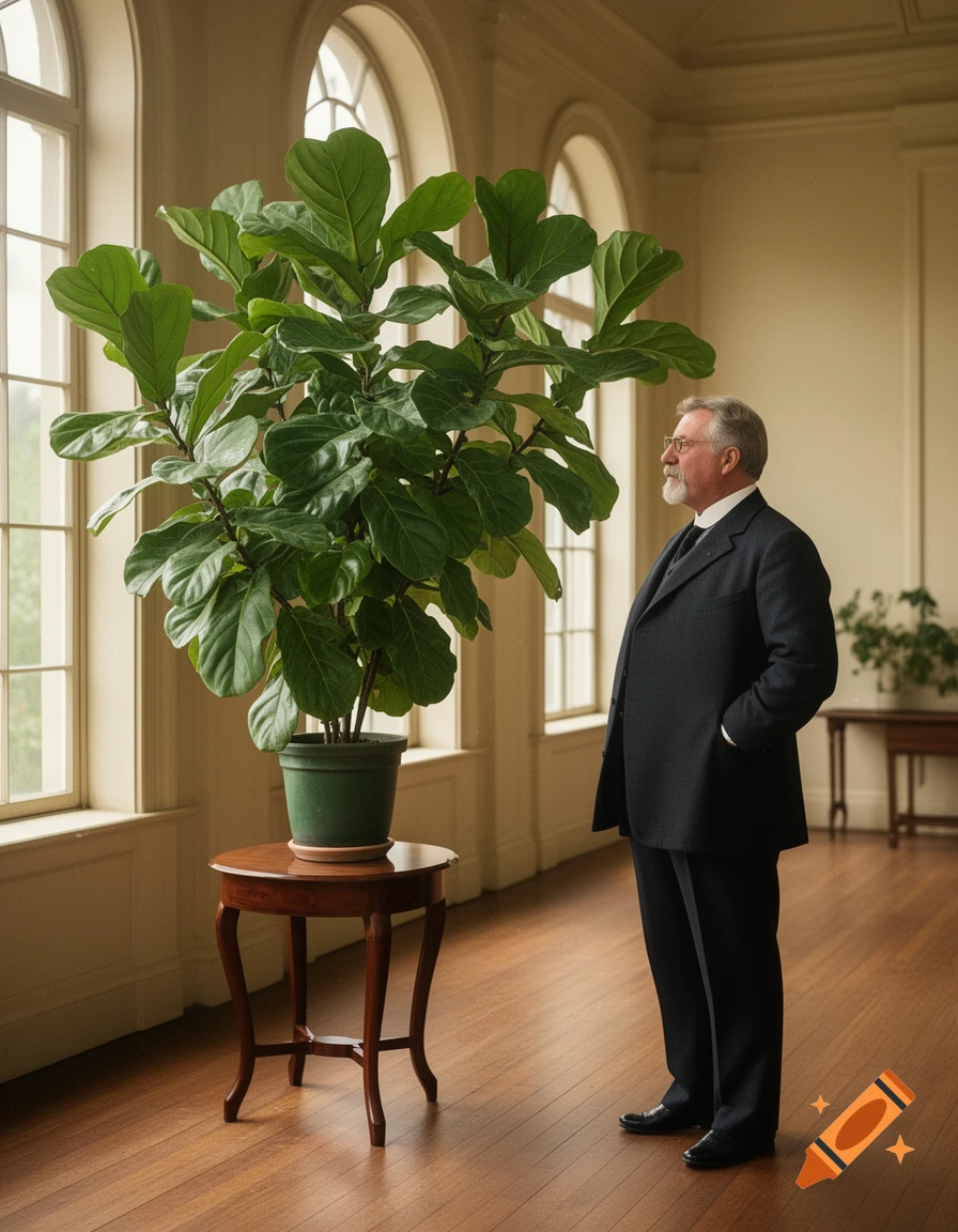 A distinguished man in a suit stands next to a large fiddle-leaf fig plant in a bright room with arched windows.