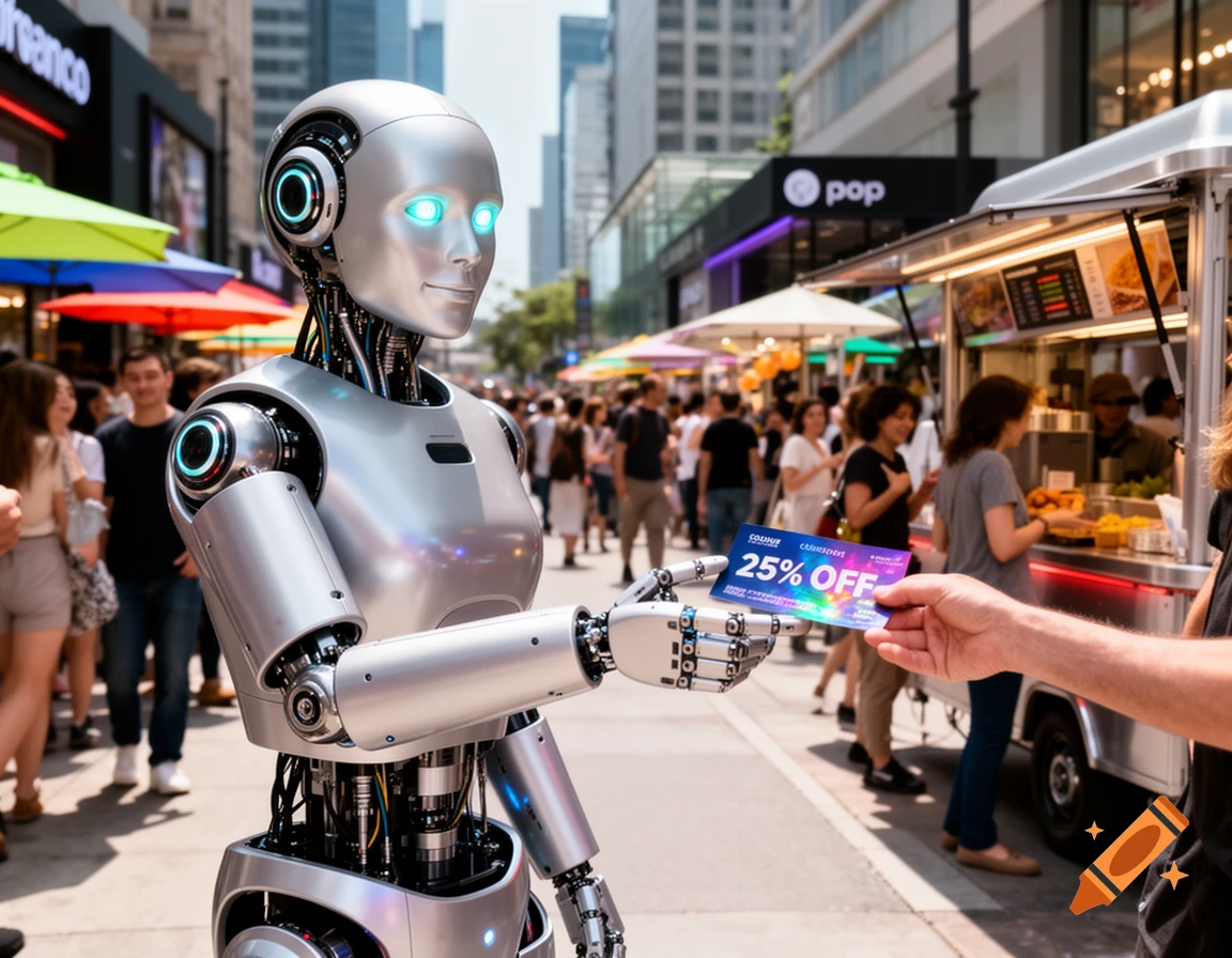 A photorealistic silver robot with glowing blue eyes hands a 25% off coupon to a person on a busy city street lined with food trucks and stores.