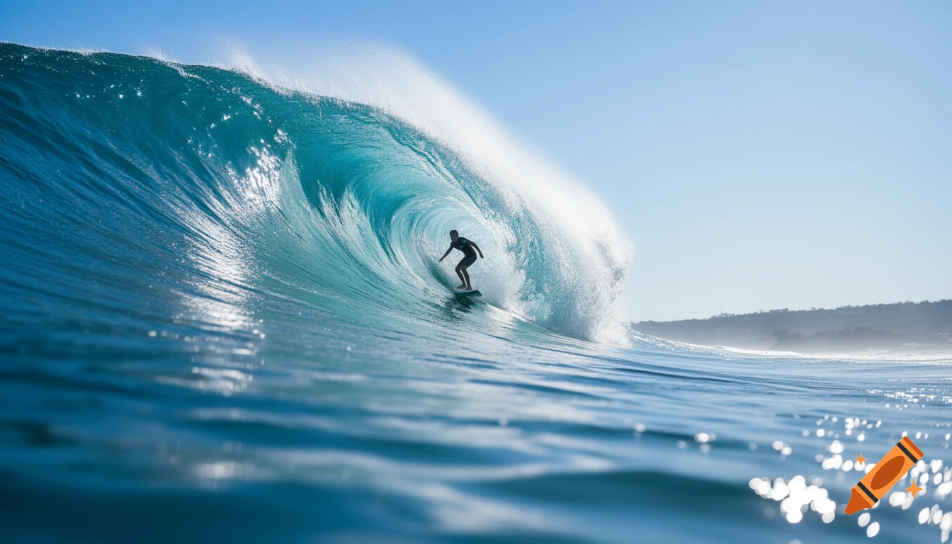 Photorealistic image of a surfer riding a large, curling blue ocean wave under a clear sky.