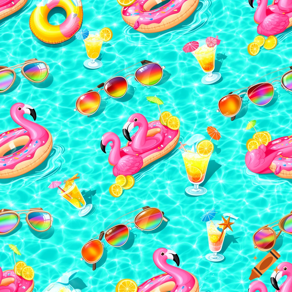 Vibrant seamless pattern of summer pool items: pink flamingo and donut floats, colorful sunglasses, and refreshing cocktails on blue rippling water.