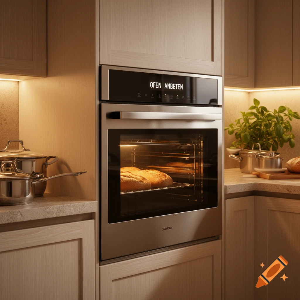 A modern kitchen with a built-in oven baking bread, stainless steel pots on a stone countertop, and a green plant.