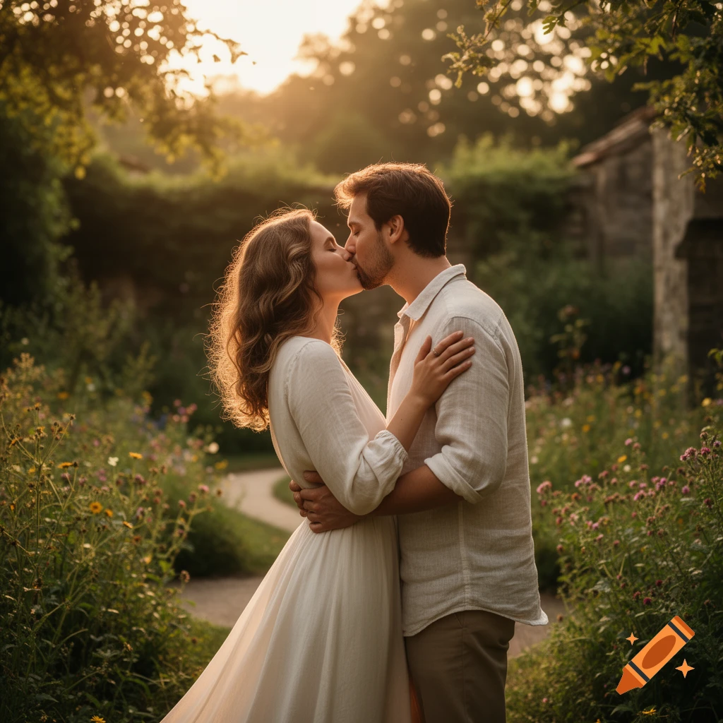 A romantic couple sharing a kiss in a sunlit garden during golden hour, with lush greenery and wildflowers.