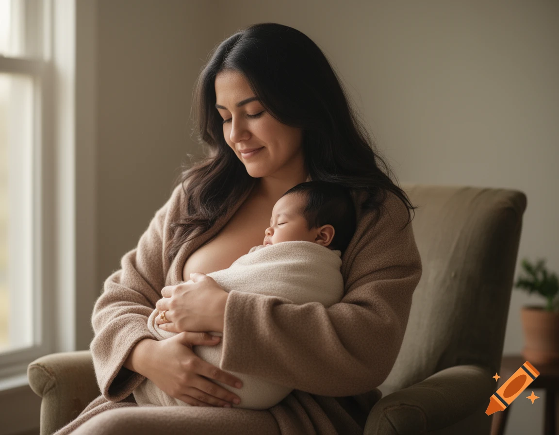 A photorealistic image of a mother gently breastfeeding her sleeping baby, bathed in soft window light.
