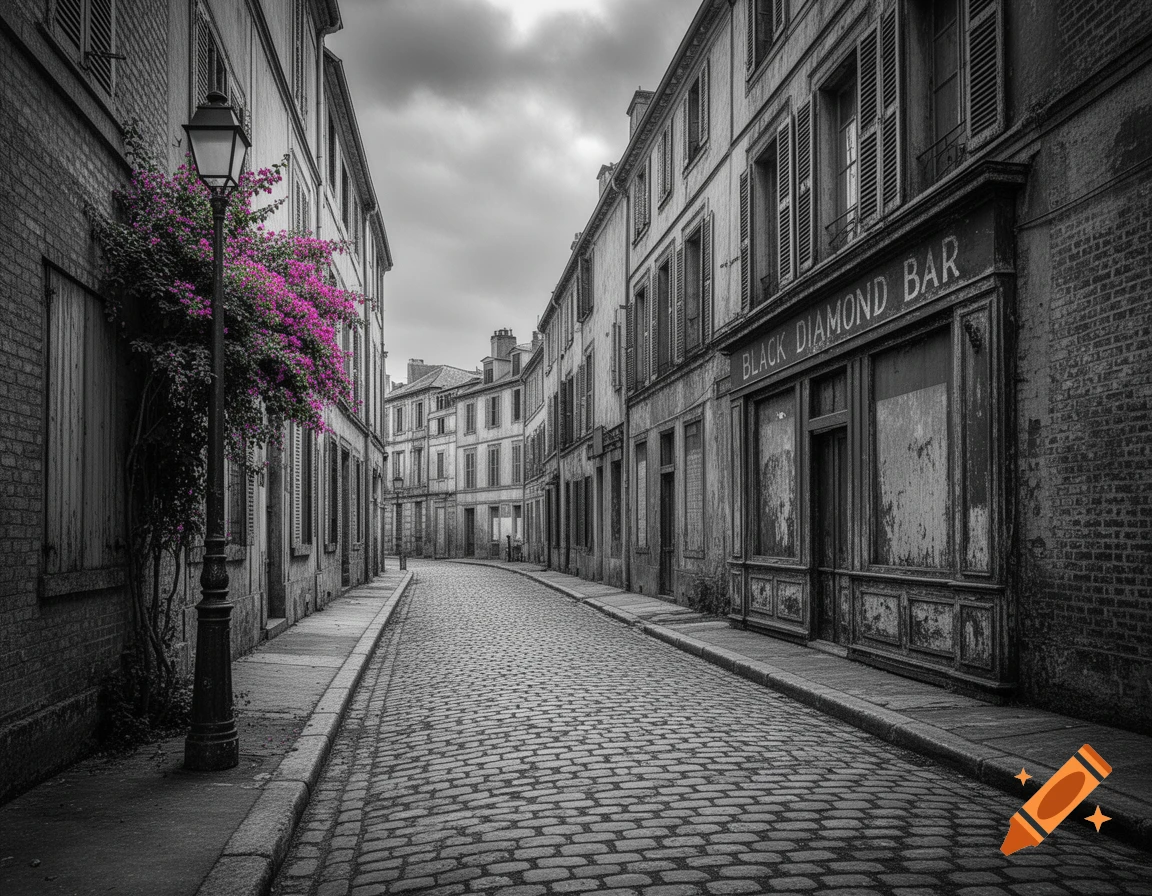 A black and white cobblestone alley with old buildings, a lamppost, and vibrant pink bougainvillea, showing a 'BLACK DIAMOND BAR' sign.