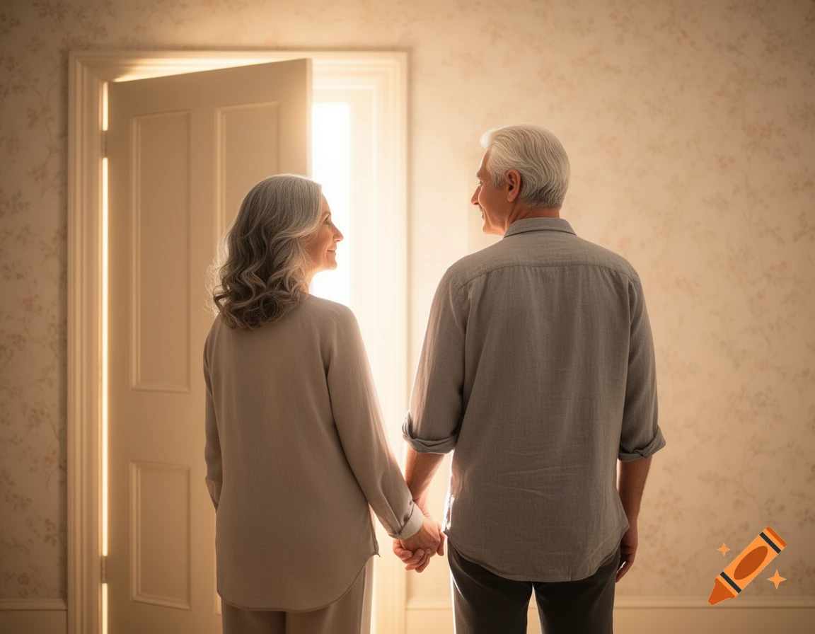 Elderly couple holding hands, looking towards a brightly lit, slightly ajar doorway in a patterned room.