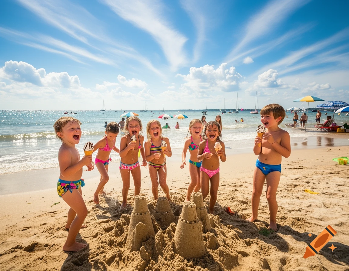 Happy children on a sunny beach, laughing and eating ice cream around sandcastles.