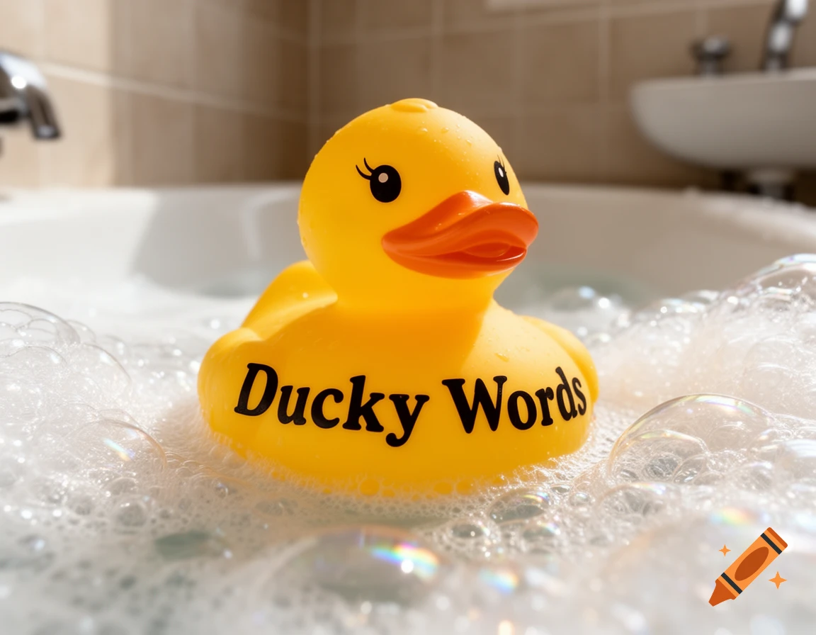 A yellow rubber duck with 'Ducky Words' on its chest floats in a bubbly bathtub with a faucet and sink in the background.