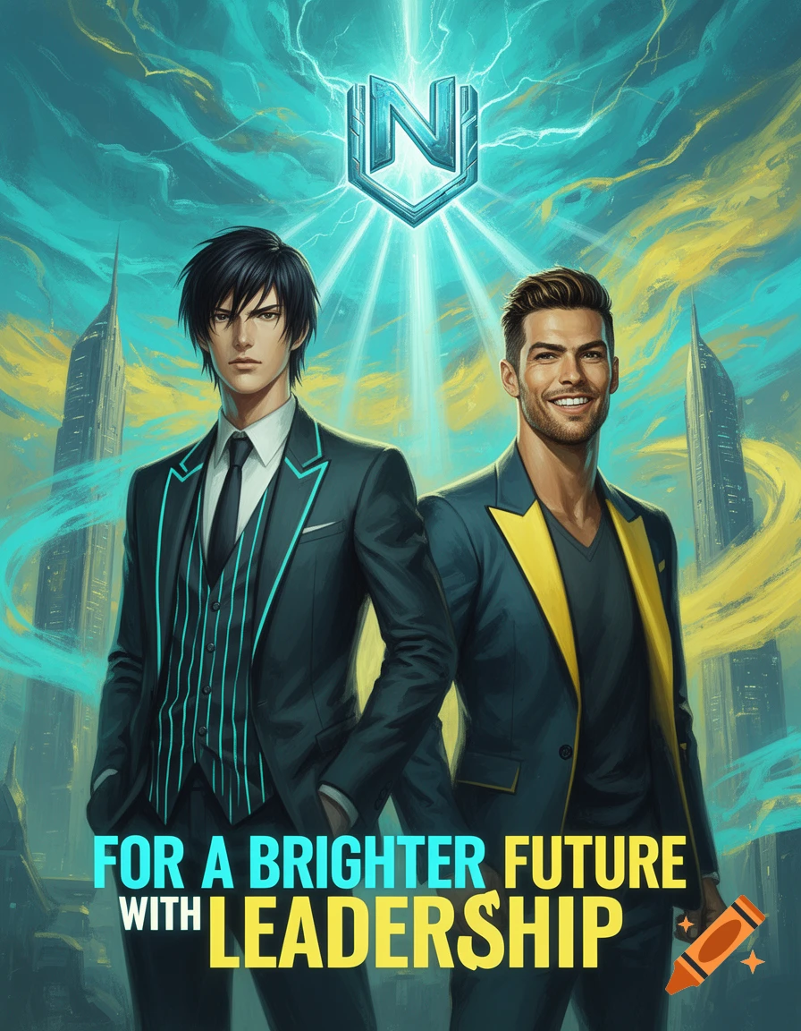 Digital art propaganda poster featuring two stylized men in suits, one with dark hair and one smiling, against a cyan and yellow cloudy sky with futuristic city skyscrapers and a shield-shaped 'N' logo. Text reads "FOR A BRIGHTER FUTURE WITH LEADERSHIP".