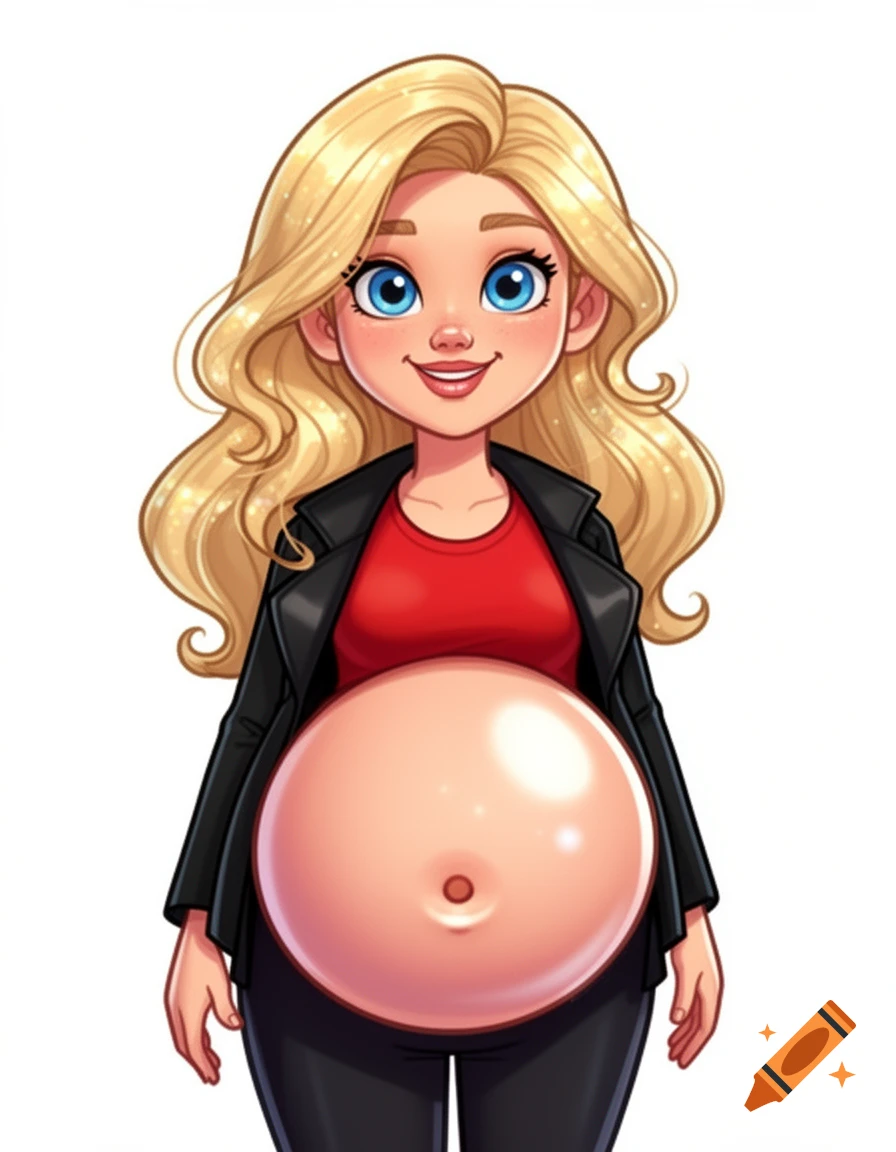 A cartoon drawing of a blonde woman in a black jacket and red shirt, with a large, spherical, shiny pregnant belly.