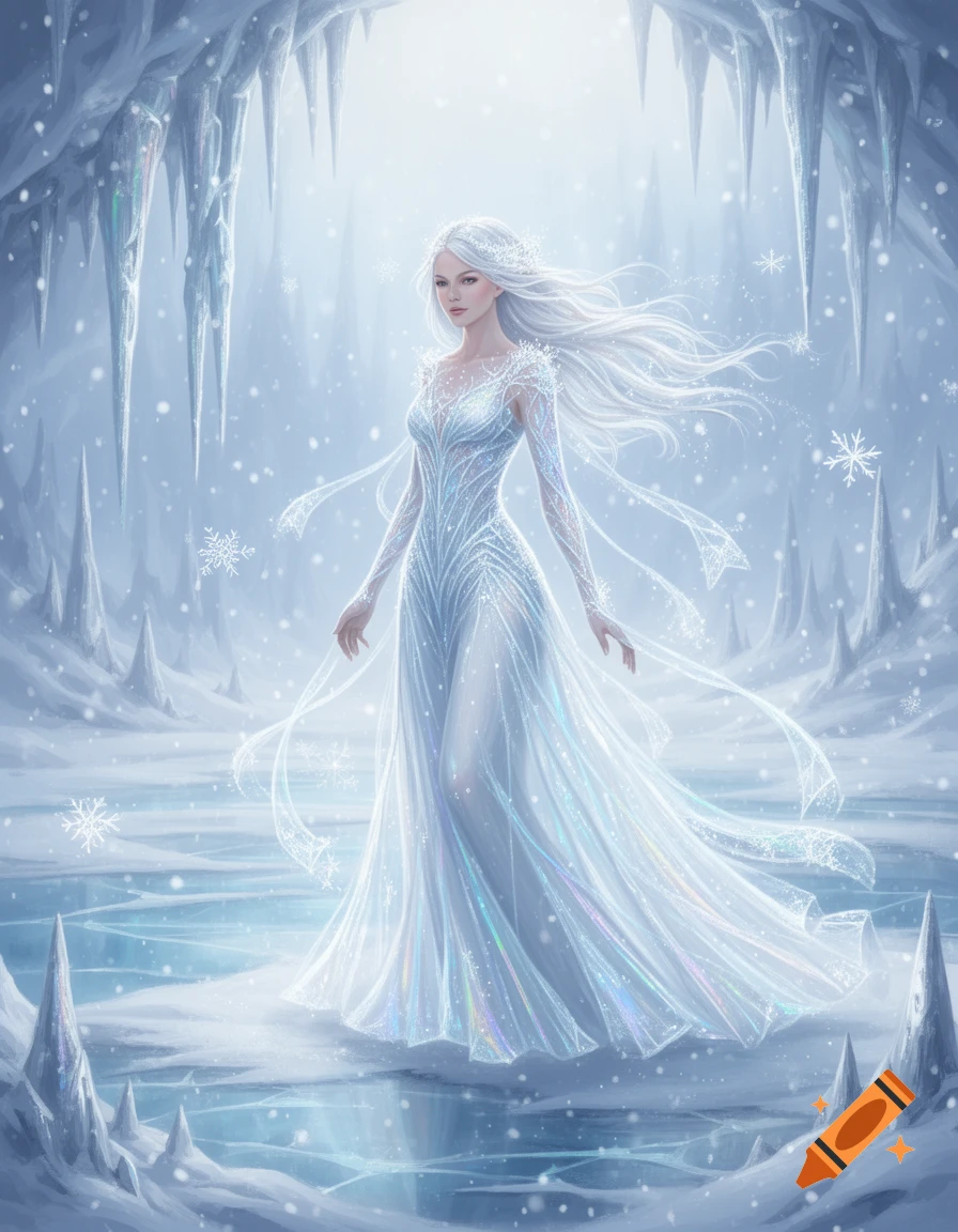 A beautiful ice queen with long white hair in a shimmering, translucent ...