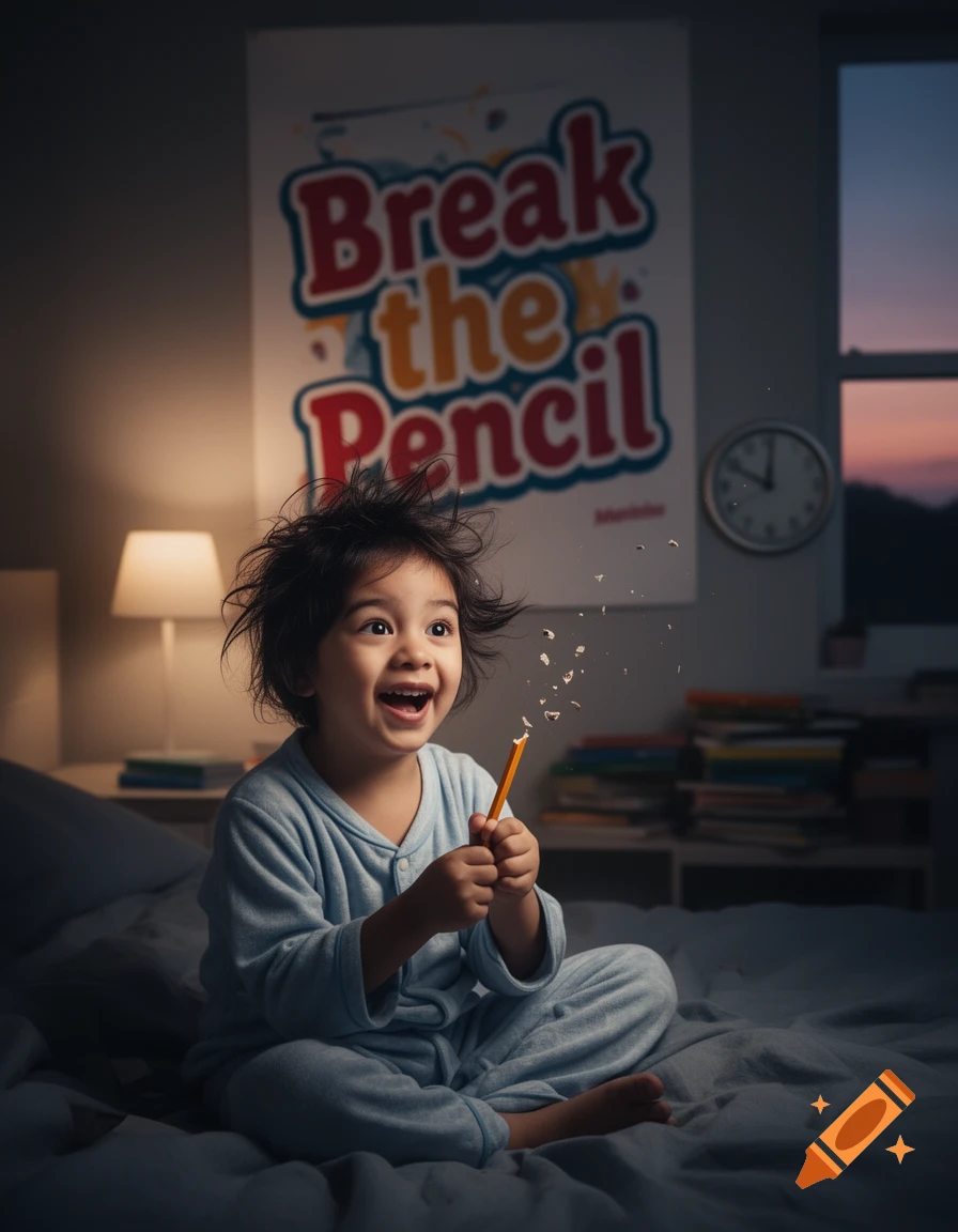 Excited child in blue pajamas on a bed breaks a pencil, shavings fly. A 'Break the Pencil' poster hangs on the wall.