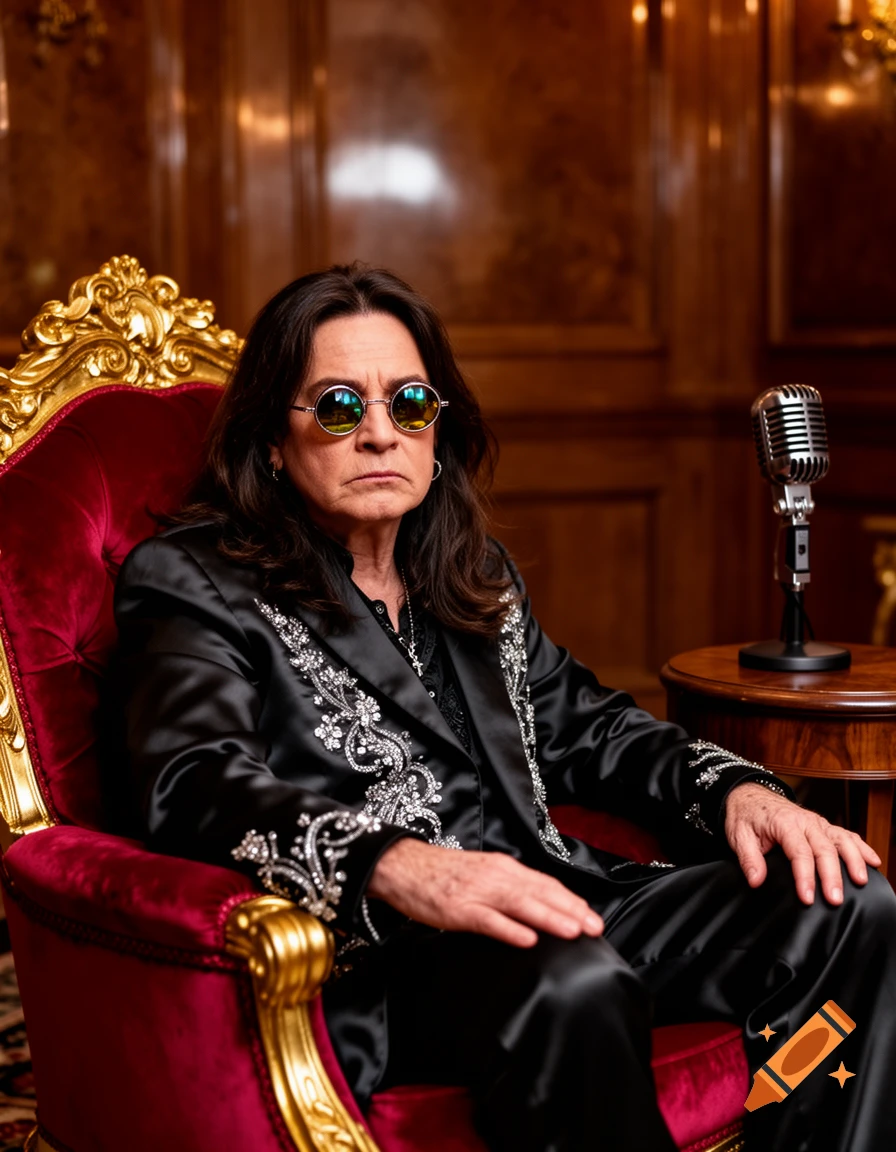 Ozzy Osbourne in sunglasses and an embellished black suit, sitting in a grand red and gold chair next to a vintage microphone.