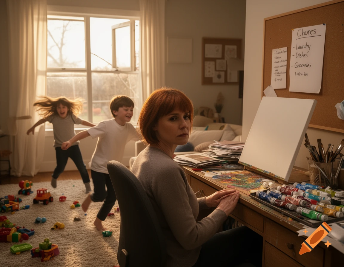 A photorealistic image of an overwhelmed woman at a desk with art supplies, while two energetic children play in a sunny, messy living room behind her.