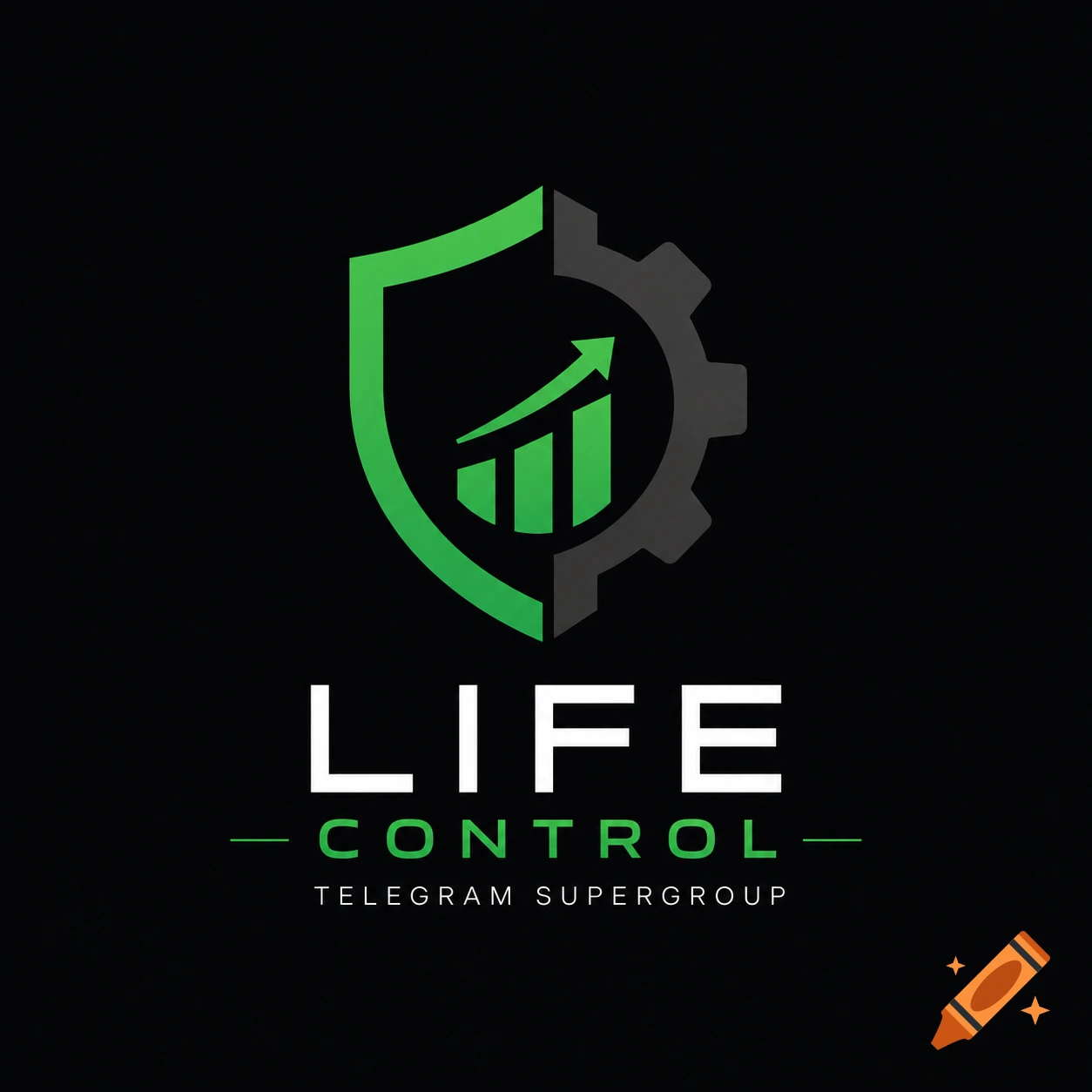 Minimalist logo for Life Control Telegram Supergroup, featuring a green shield, gray gear, and a green bar chart on a black background.