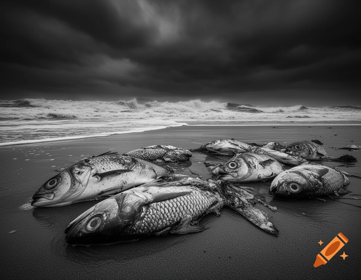 Black and white close-up of several dead fish washed ashore on a sandy beach under a stormy, cloudy sky with crashing waves.