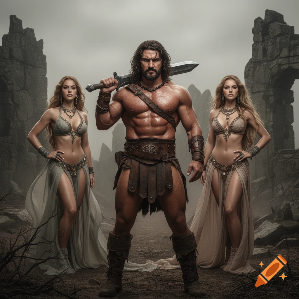A muscular barbarian man with a sword stands between two alluring women in revealing outfits amidst ancient ruins on a misty day.