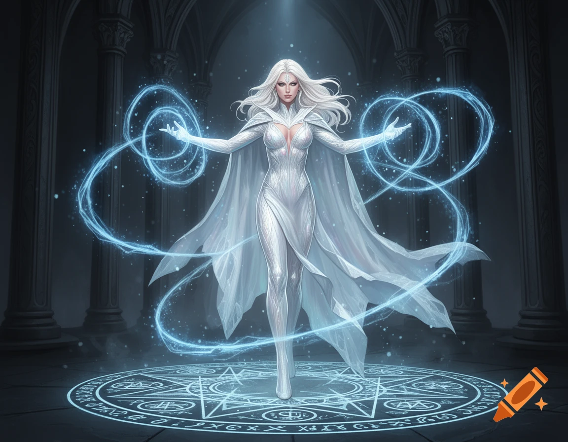 A white-haired woman in a form-fitting white suit and cape stands in a dark temple, casting blue glowing magic from her hands and a magical circle on the floor.
