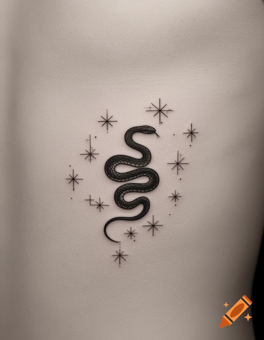 A minimalist black snake tattoo with stars surrounding it, placed on light-toned skin.