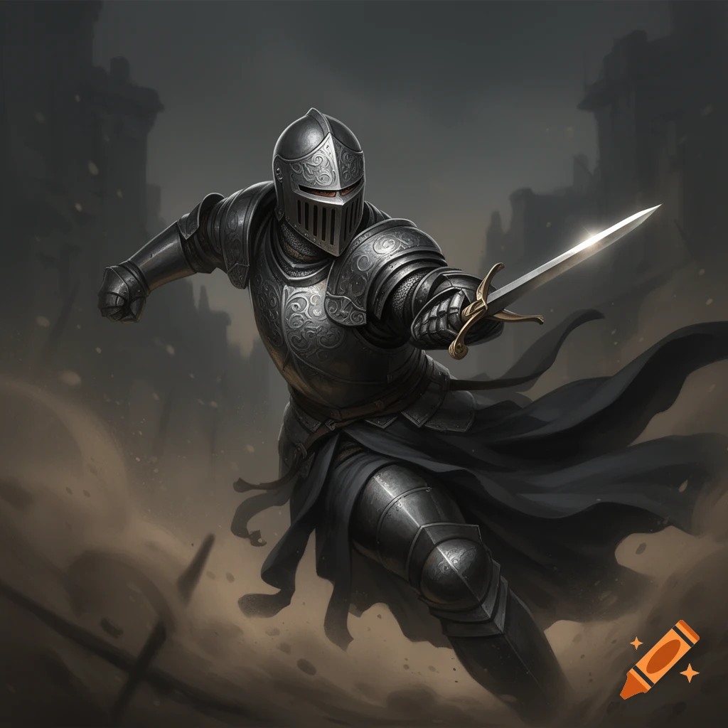 A dynamically posed knight in ornate dark armor, holding a shining sword, against a dark, dusty battlefield background.