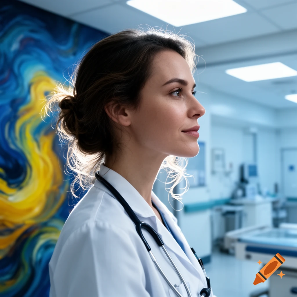 Profile of a female doctor in a white lab coat with a stethoscope, looking right, with an abstract blue and yellow painting behind her in a hospital room.