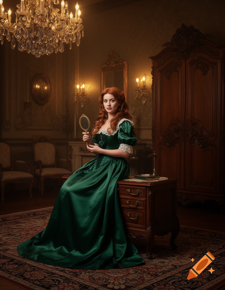 A woman with red hair in an emerald green Victorian dress sits on a ...