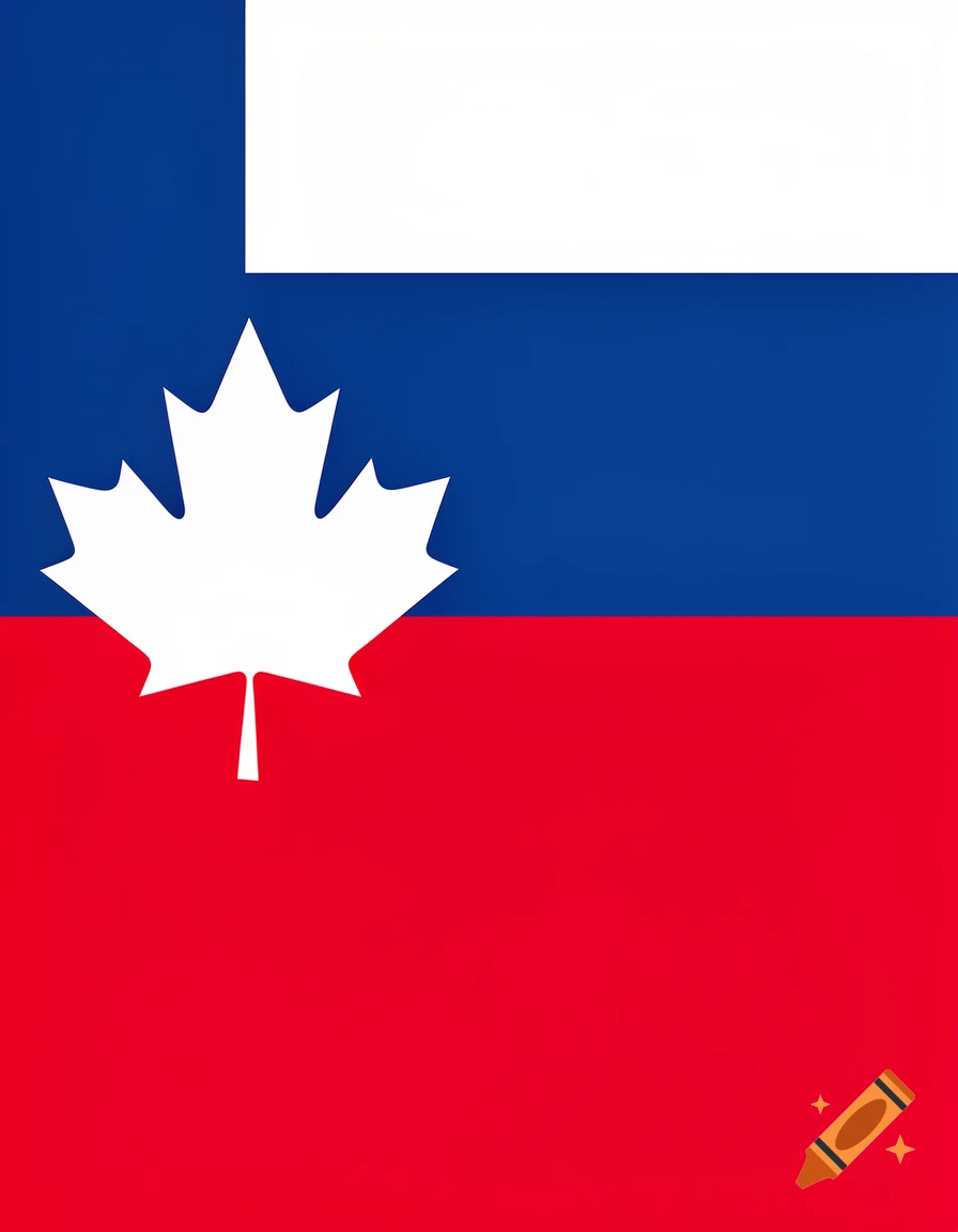 A stylized flag design featuring a white maple leaf on a blue stripe over a red field, with a smaller white stripe at the top.