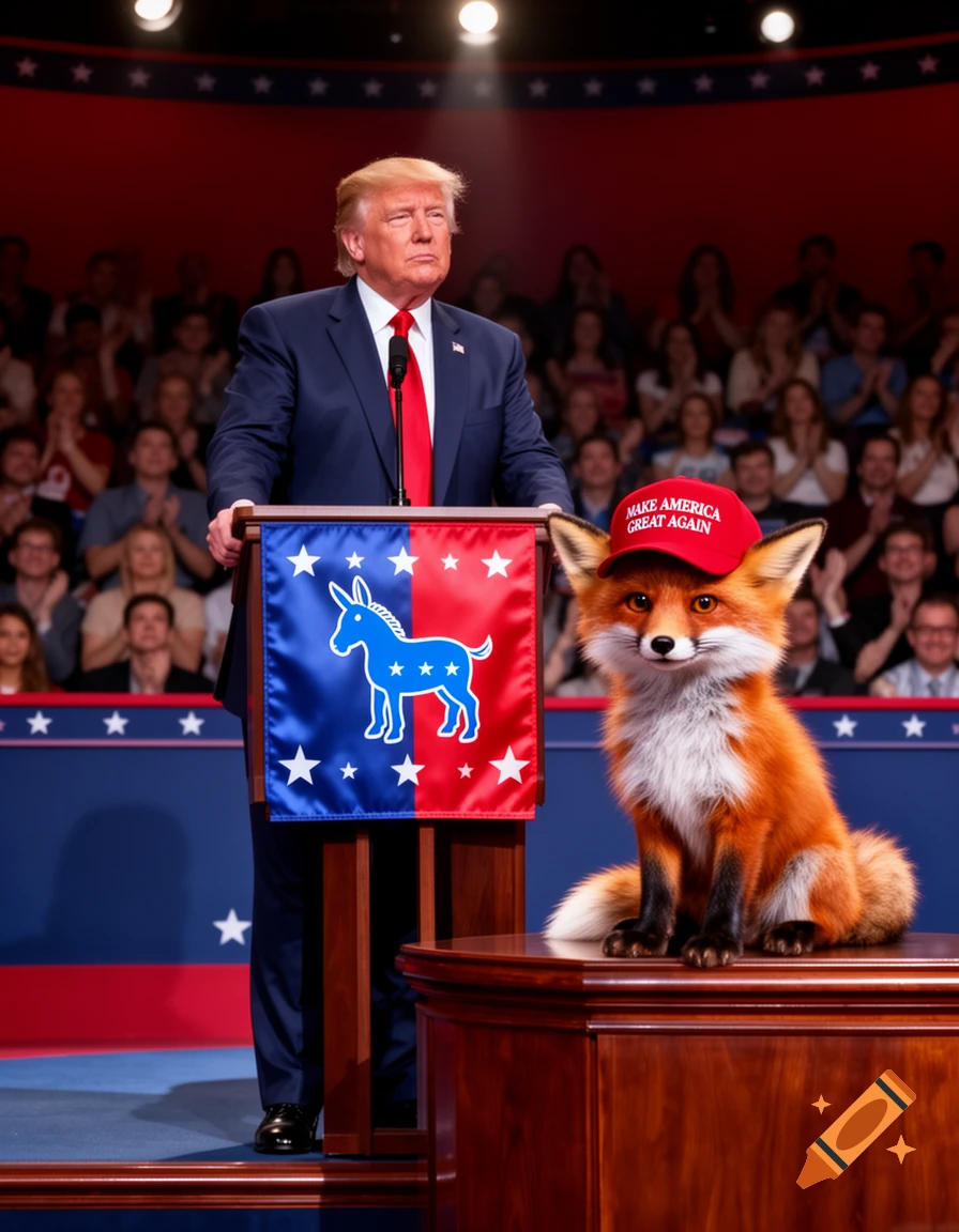 Photorealistic image of Donald Trump speaking at a podium with a blue donkey symbol, next to a fox wearing a "MAKE AMERICA GREAT AGAIN" hat in a debate setting.