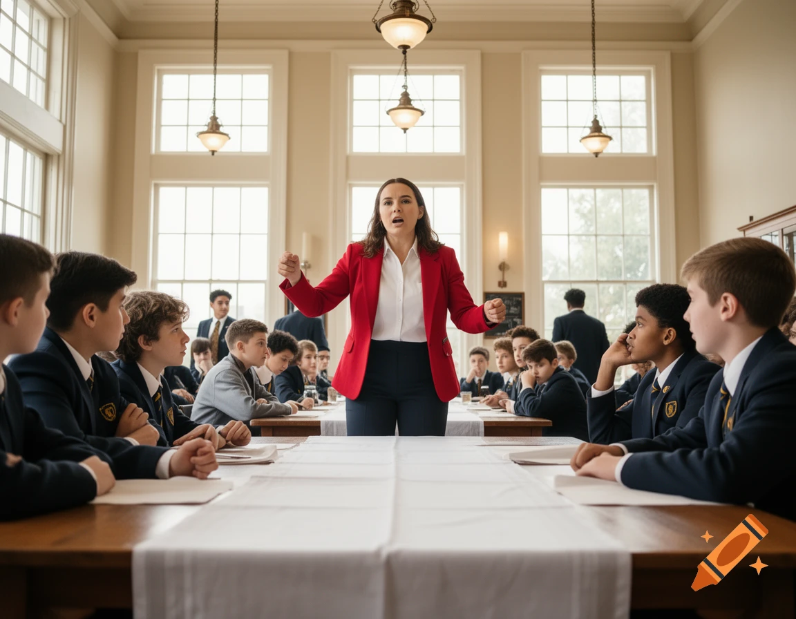 A woman in a red blazer stands speaking animatedly to a group of male students in school uniforms seated at long tables in a grand hall with large windows.