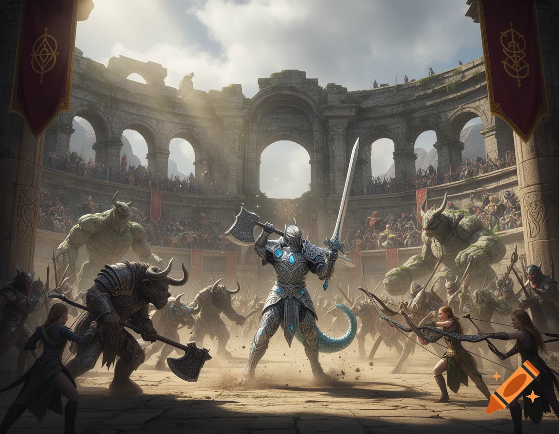 A fantasy battle scene with a knight, minotaurs, and archers fighting in a ruined colosseum under a cloudy sky.