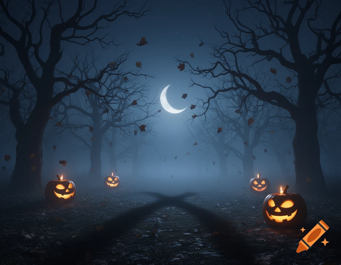 A spooky night scene with glowing jack-o'-lanterns in a misty forest of bare trees under a crescent moon.