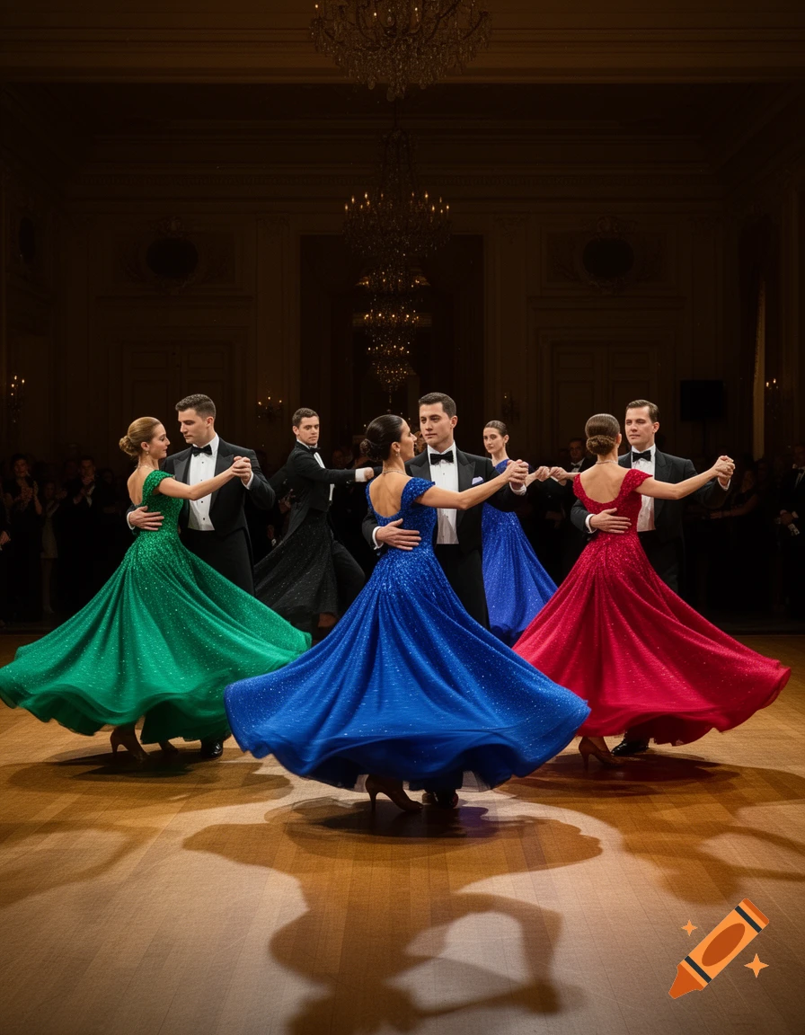 Four couples in elegant formal wear ballroom dancing in a grand hall, with women in flowing green, blue, and red gowns.