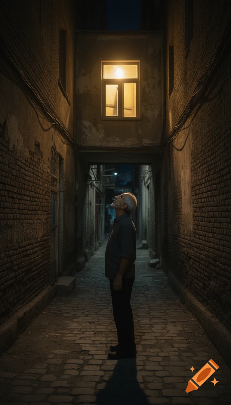 Older man with white hair in a dark, narrow brick alley at night, looking up at a glowing window. Photorealistic.