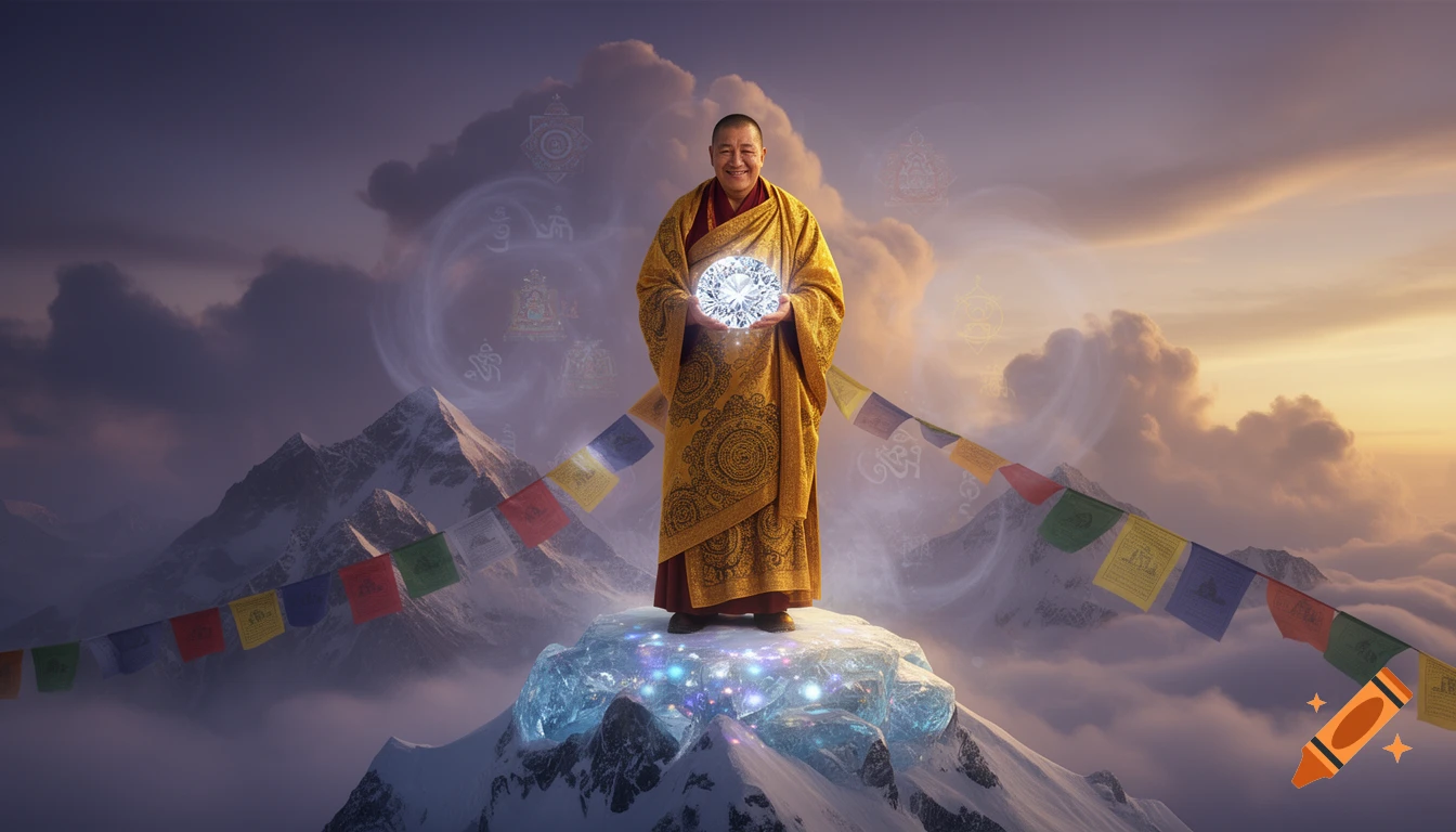 A serene Tibetan Buddhist Lama in golden robes stands on a glowing ice peak, holding a large sparkling diamond, surrounded by snow-capped mountains and prayer flags at sunset.