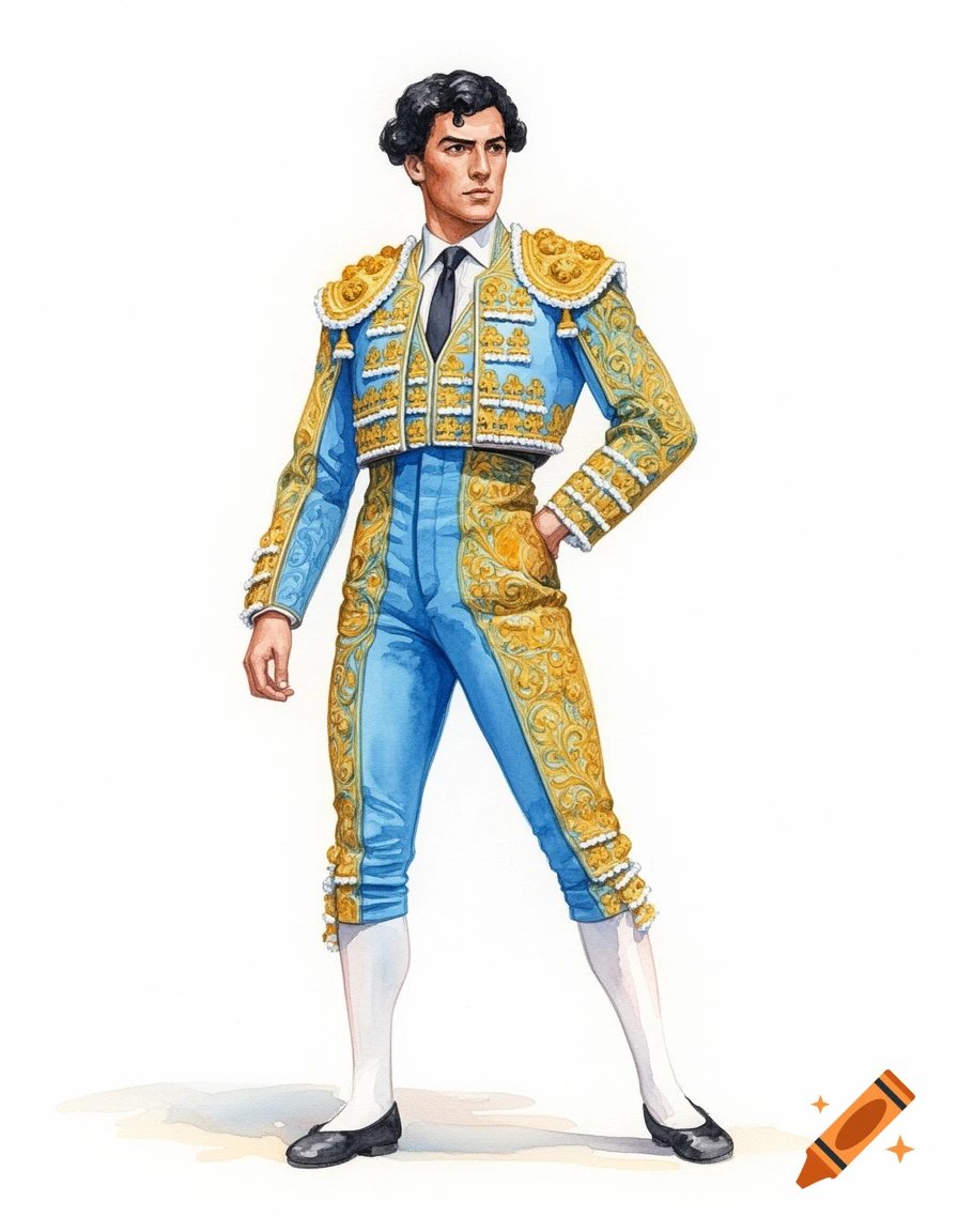 Watercolor illustration of a matador in a light blue and gold 'suit of lights,' standing against a white background.