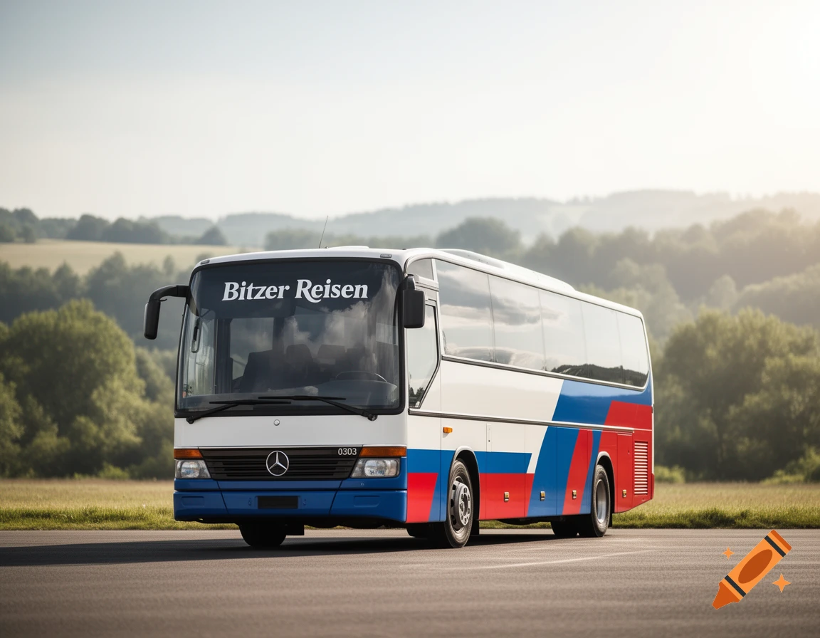 A white, blue, and red Mercedes-Benz 0303 "Bitzer Reisen" coach bus parked on an asphalt road with green hills in the background.