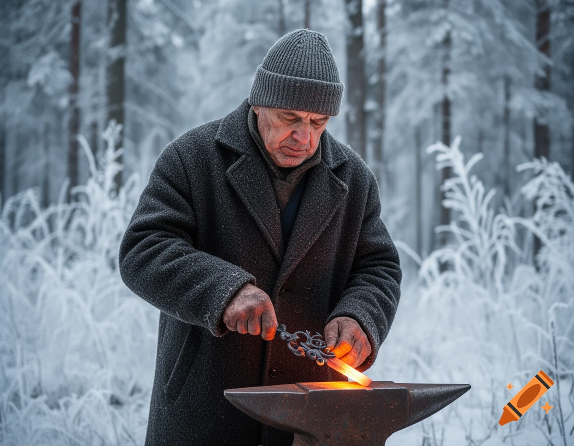 A man in a winter coat and hat hammers glowing metal on an anvil in a snowy forest.