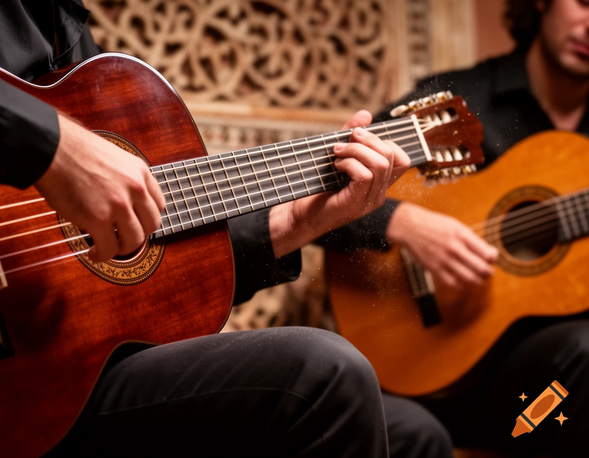 Close-up of two musicians playing nylon string guitars in a flamenco style, with ornate background details and shimmering light.