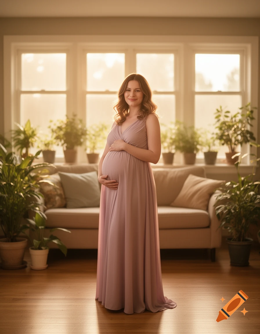 Photorealistic portrait of a smiling pregnant woman in a flowing purple dress, holding her belly in a sunlit room with windows and plants.