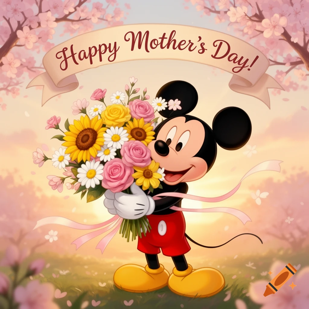Mickey Mouse holds a bouquet of sunflowers and roses under a 'Happy Mother's Day!' banner, surrounded by cherry blossoms.