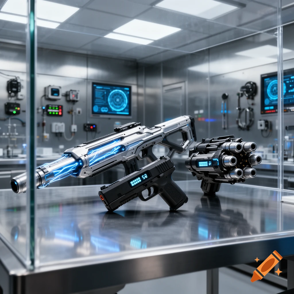 Three futuristic weapons, including a rifle and two pistols, displayed on a glass table in a high-tech laboratory.
