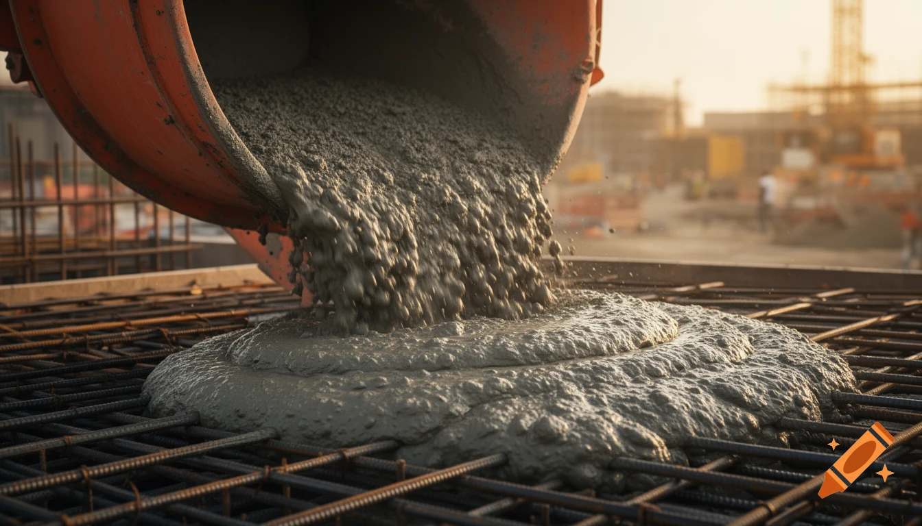 Hyper realistic close-up of thick grey concrete pouring from an orange chute onto steel rebar at a construction site during golden hour.