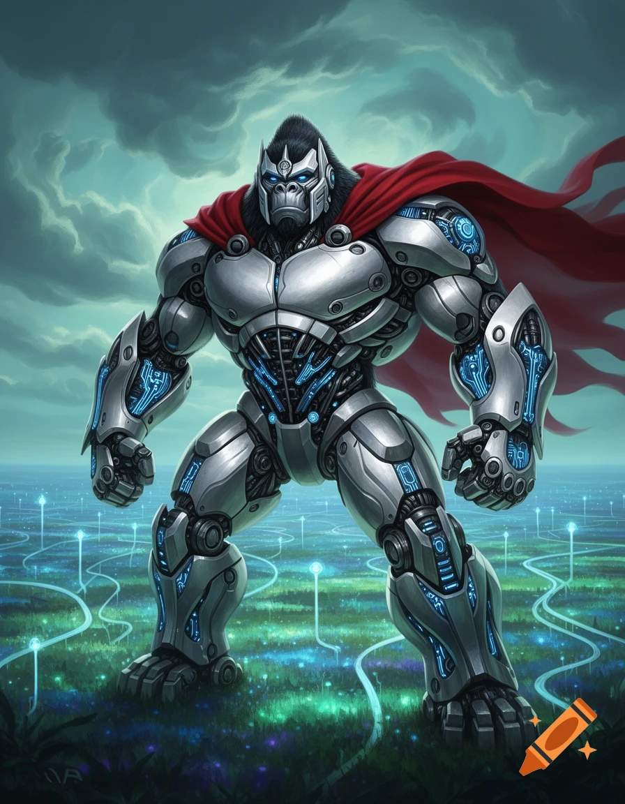 A muscular robotic gorilla in silver armor with a red cape stands in a glowing circuit field under a cloudy sky.