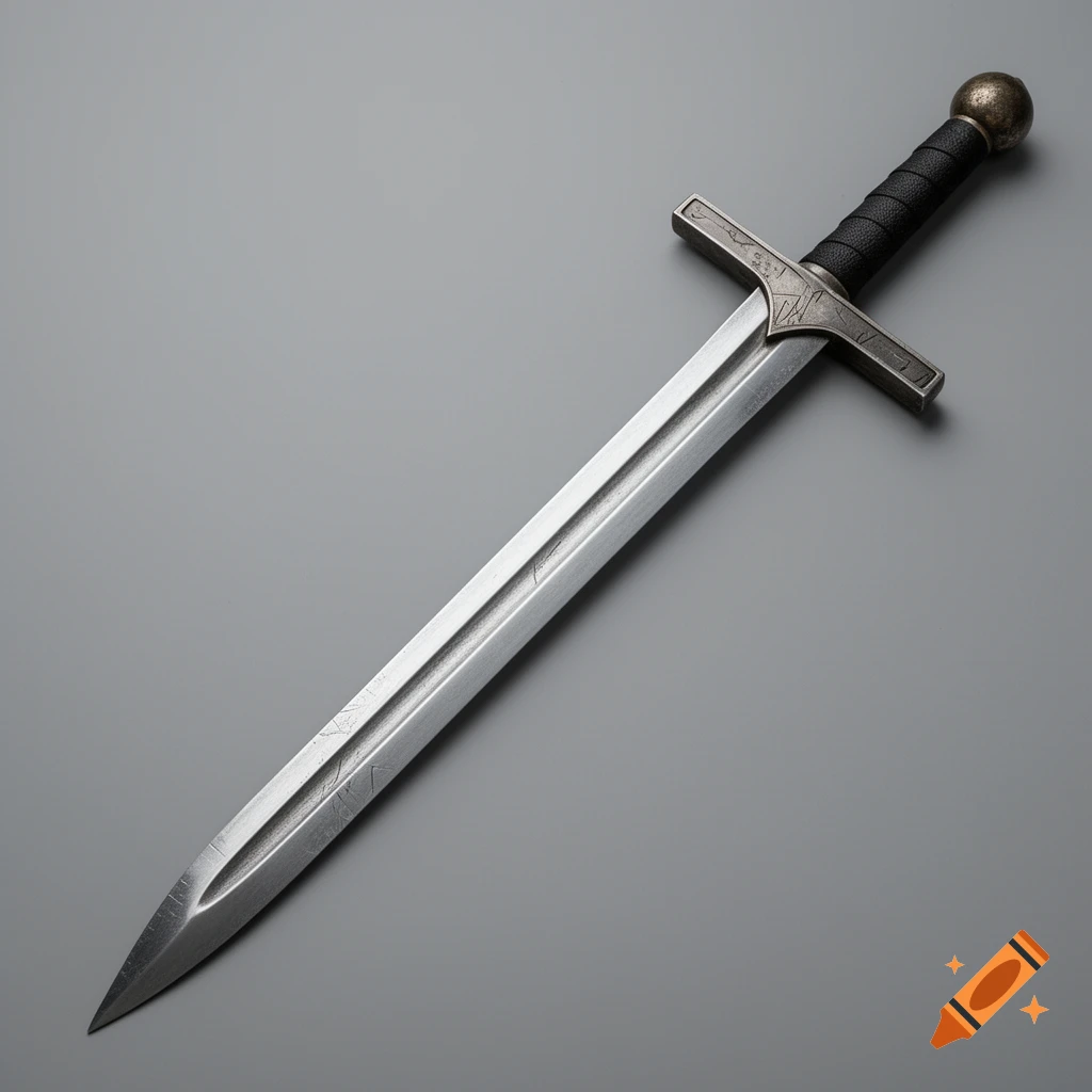 Detailed steel fantasy longsword with a black hilt and ornate guard, resting on a grey background.