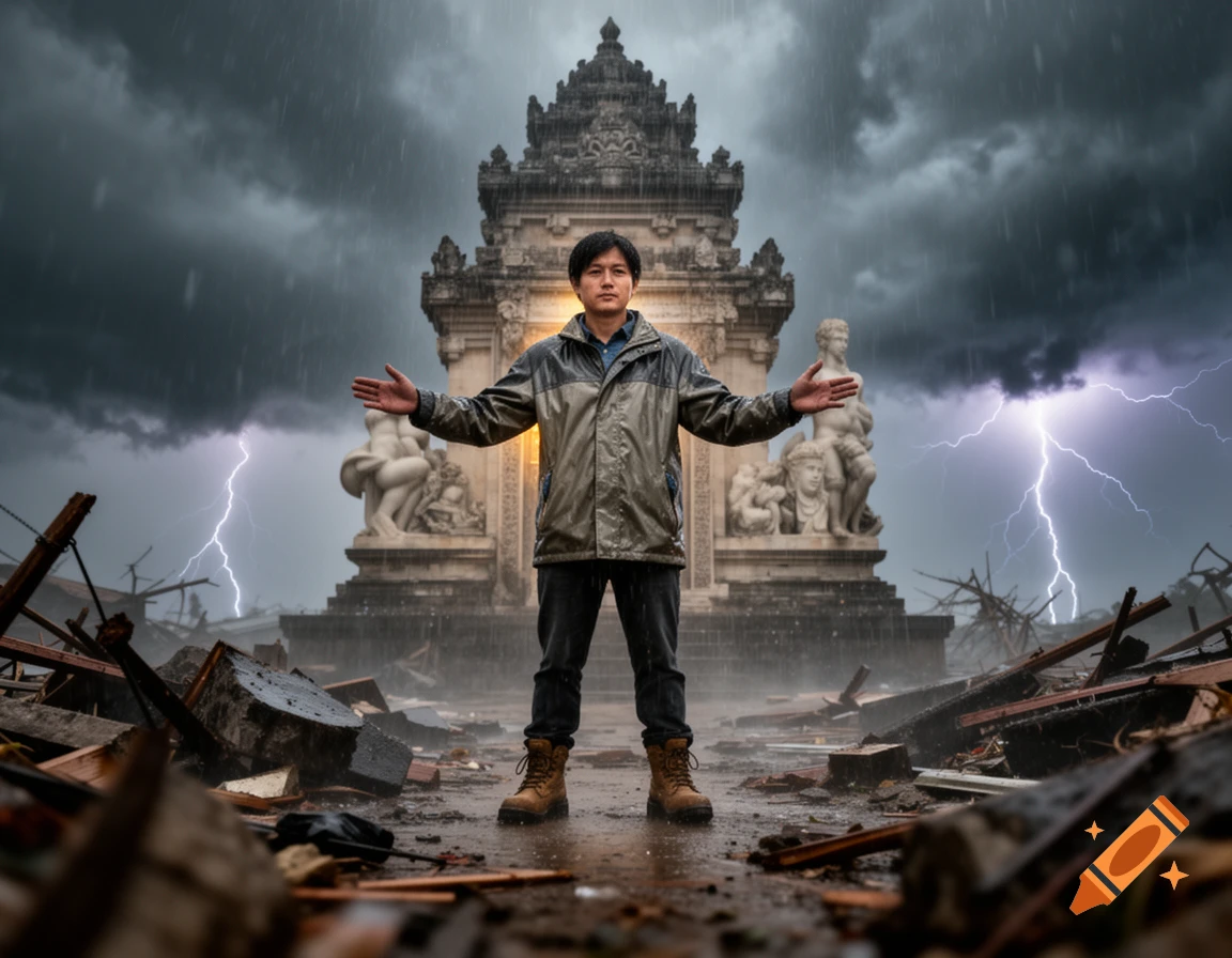 A man stands with outstretched arms amidst rubble and rain, protecting an ancient temple from a lightning storm.