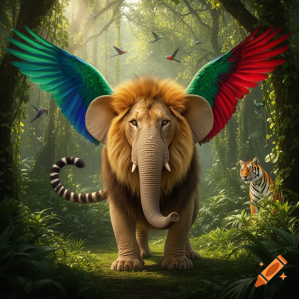 A majestic creature with a lion's head, elephant's trunk and ears, tiger's tail, and colorful parrot wings stands in a lush jungle. A tiger watches from the right, and birds fly overhead.